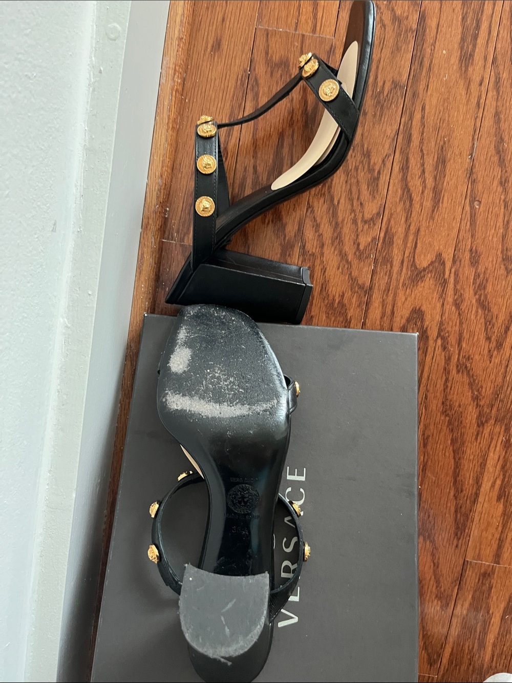 Versace Black Leather T-Strap Block Heel Mules with Gold Medallions - Picture 7 of 9